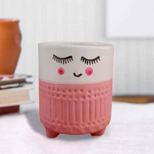 3.7 inch (9 cm) Cute Shy Girl Round Ceramic Pot