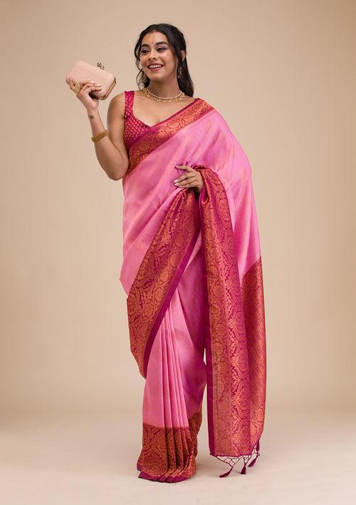 Pink Zariwork Soft Silk Saree