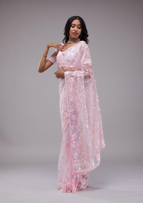 Baby Pink Sequins Tissue Saree