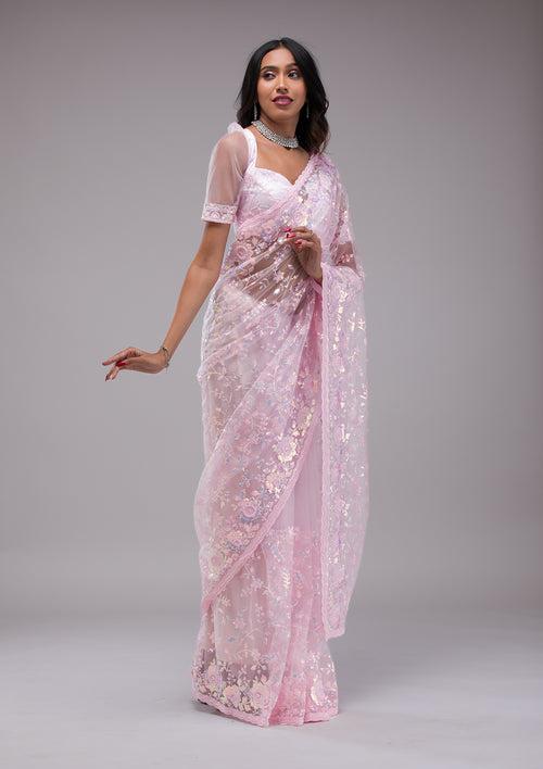 Baby Pink Sequins Tissue Saree