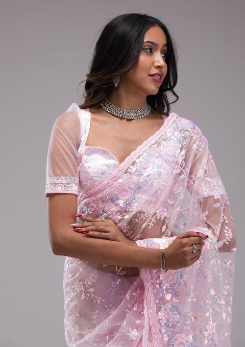 Baby Pink Sequins Tissue Saree