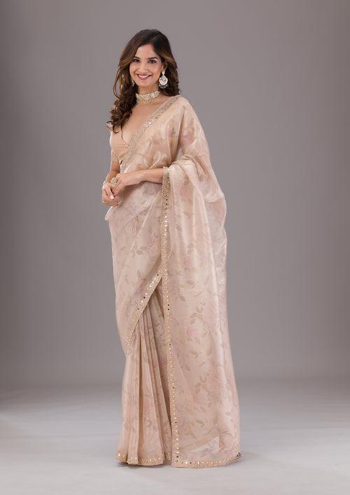 Beige Printed Tissue Saree