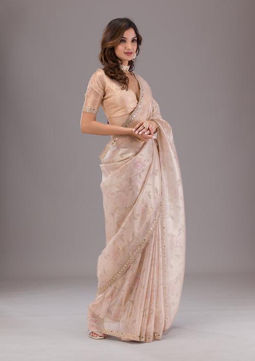 Beige Printed Tissue Saree