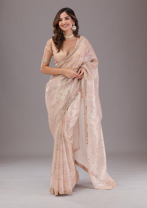 Beige Printed Tissue Saree