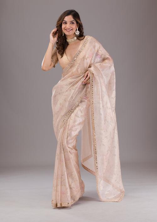 Beige Printed Tissue Saree