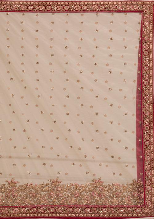 Beige Zariwork Velvet Readymade Lehenga