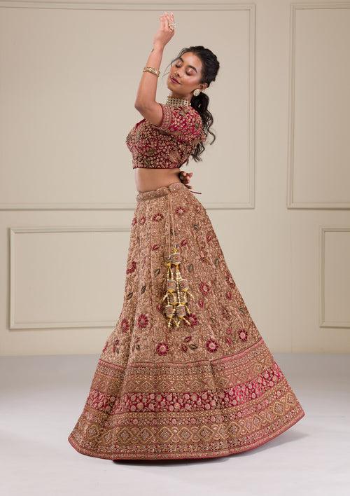 Beige Zariwork Velvet Readymade Lehenga