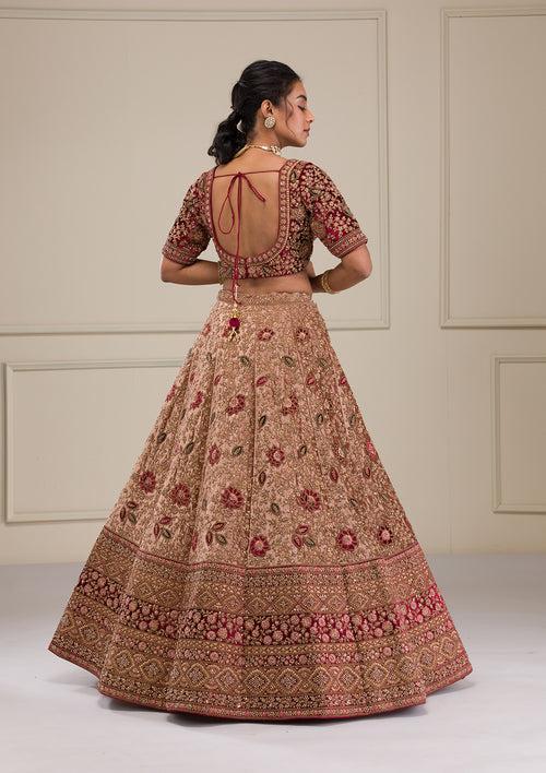 Beige Zariwork Velvet Readymade Lehenga