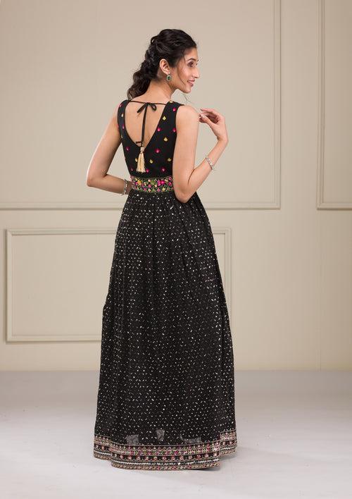 Black Threadwork Georgette Gown