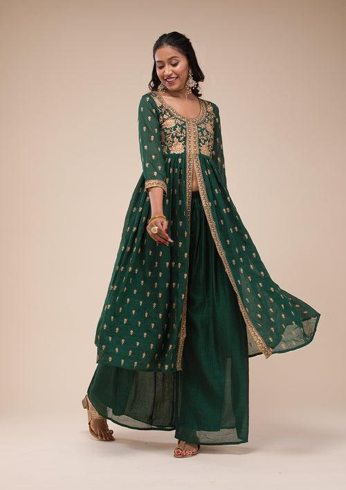 Bottle Green Zariwork Raw Silk Readymade Salwar Suit