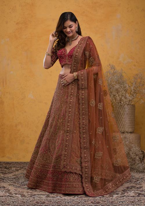 Brown Zariwork Velvet Semi Stitched Lehenga