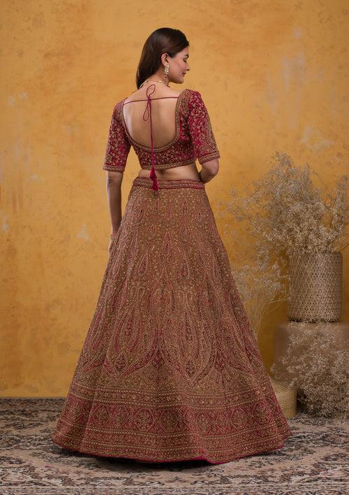 Brown Zariwork Velvet Semi Stitched Lehenga