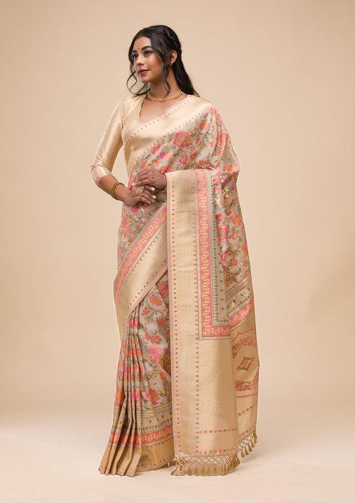 Grey Zariwork Soft Silk Saree