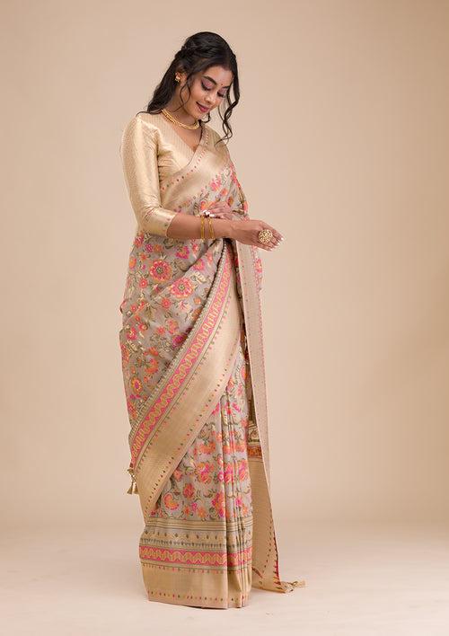 Grey Zariwork Soft Silk Saree