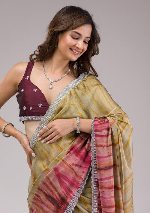 Maroon Printed Semi Crepe Saree