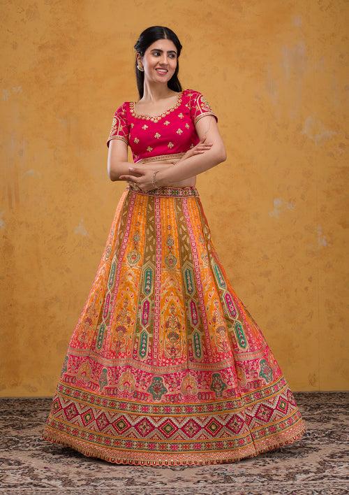 Mustard Zariwork Banarasi Semi Stitched Lehenga