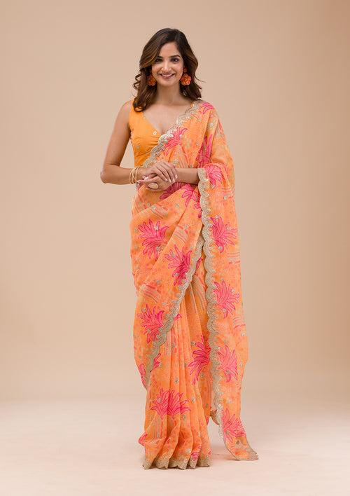 Orange Printed Organza Saree