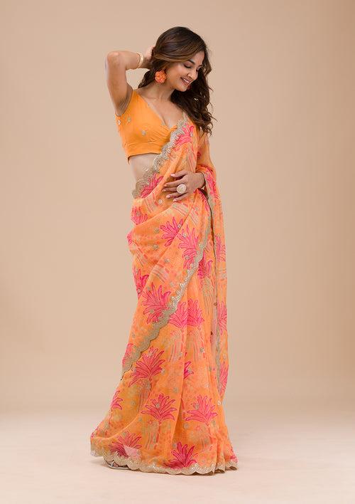 Orange Printed Organza Saree