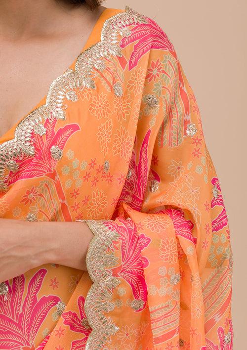 Orange Printed Organza Saree