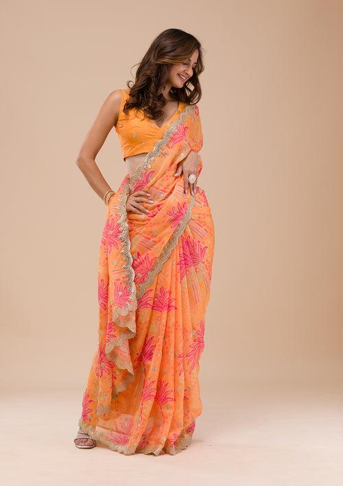 Orange Printed Organza Saree