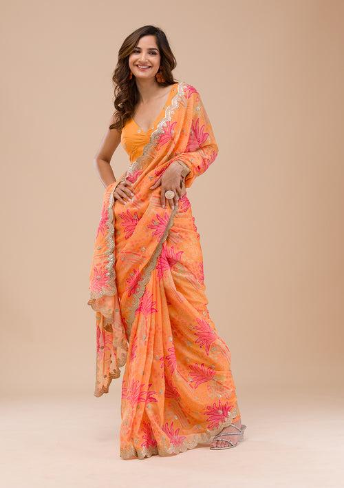 Orange Printed Organza Saree