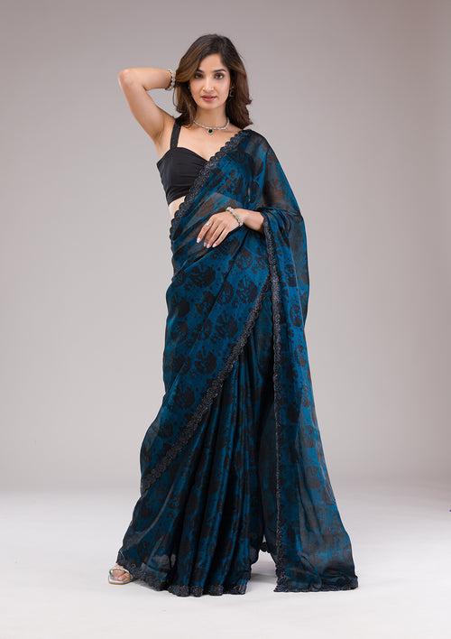 Peacock Blue Printed Organza Saree