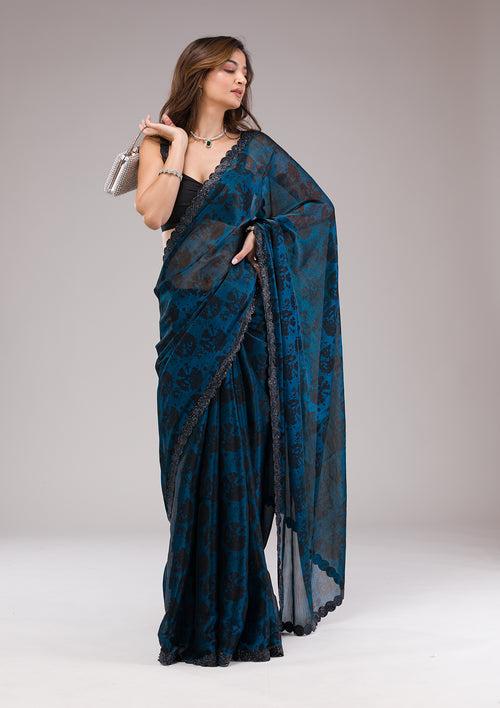 Peacock Blue Printed Organza Saree