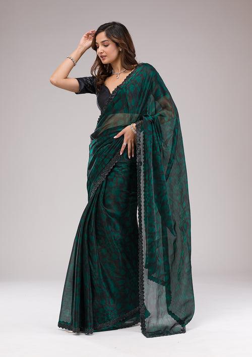 Rama Green Printed Organza Saree