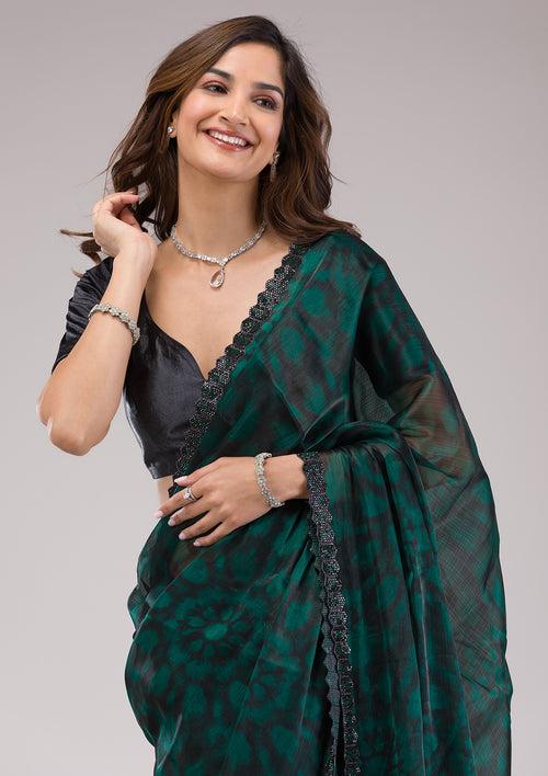 Rama Green Printed Organza Saree