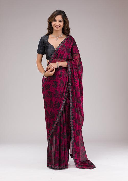 Red Printed Organza Saree