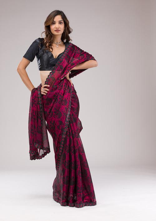 Red Printed Organza Saree