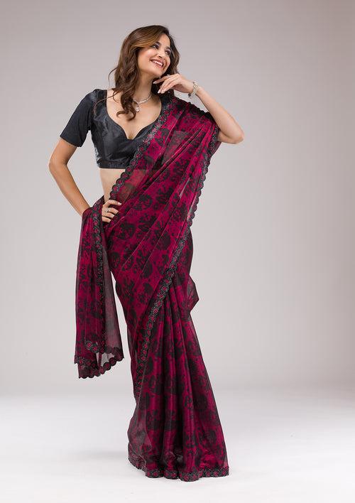 Red Printed Organza Saree