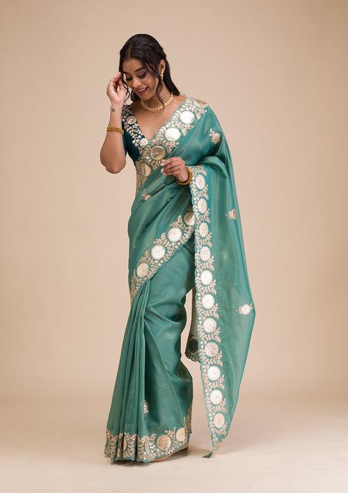 Sea Green Gotapatti Tissue Saree