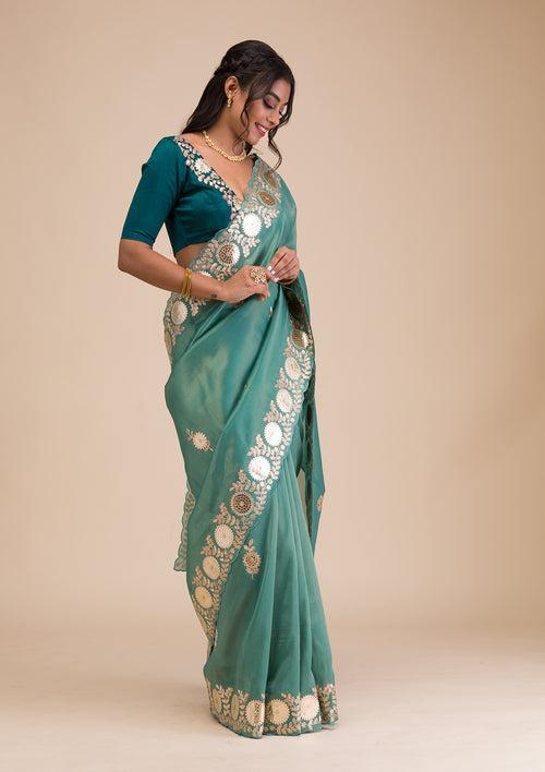 Sea Green Gotapatti Tissue Saree