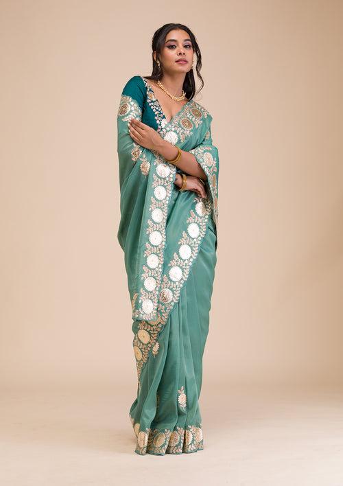 Sea Green Gotapatti Tissue Saree