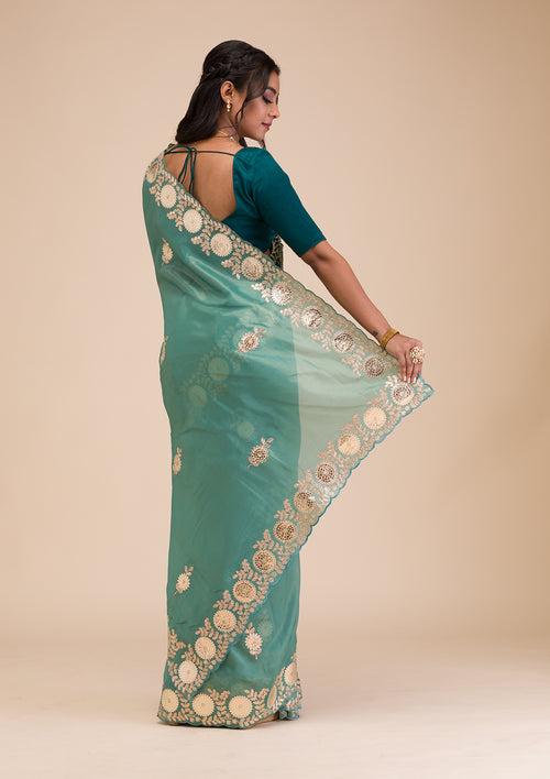 Sea Green Gotapatti Tissue Saree