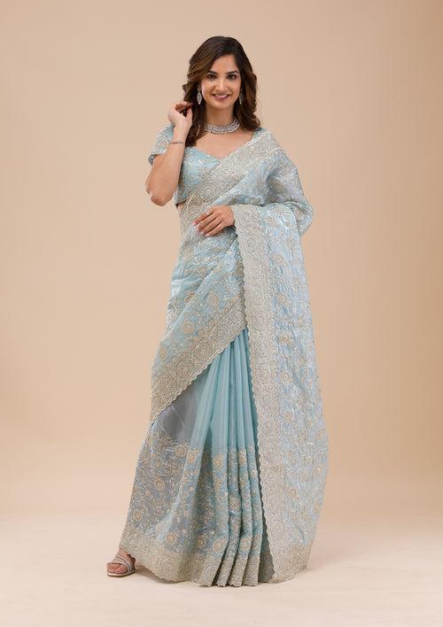 Sky Blue Zariwork Organza Saree