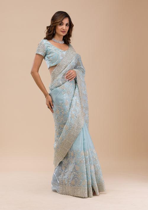 Sky Blue Zariwork Organza Saree