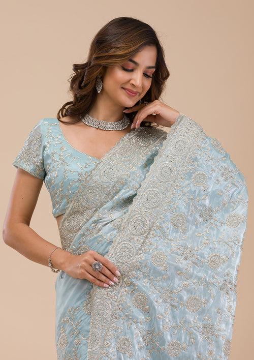 Sky Blue Zariwork Organza Saree