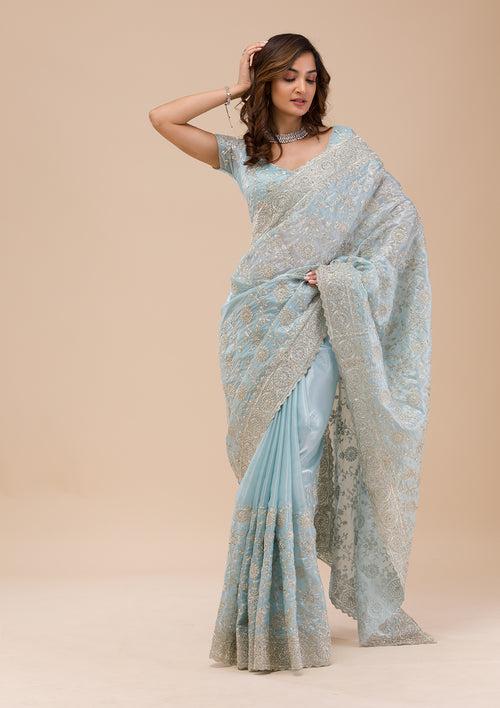 Sky Blue Zariwork Organza Saree