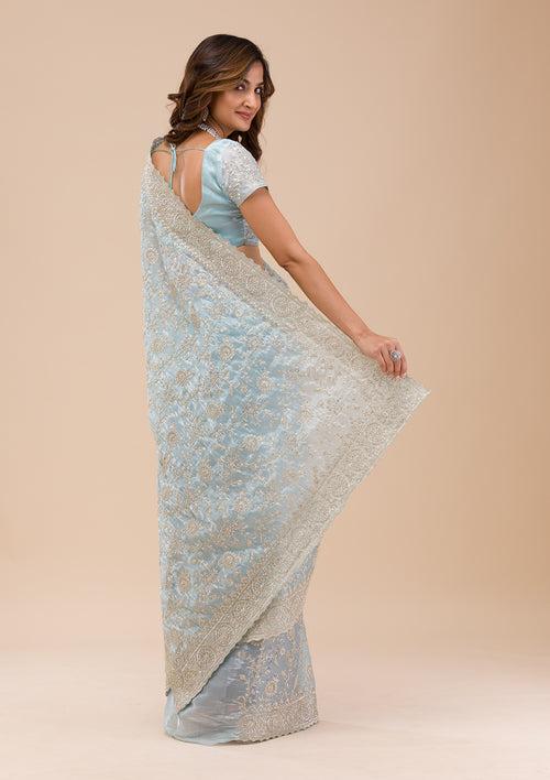 Sky Blue Zariwork Organza Saree