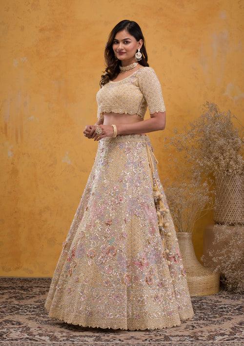 Yellow Threadwork Net Semi Stitched Lehenga