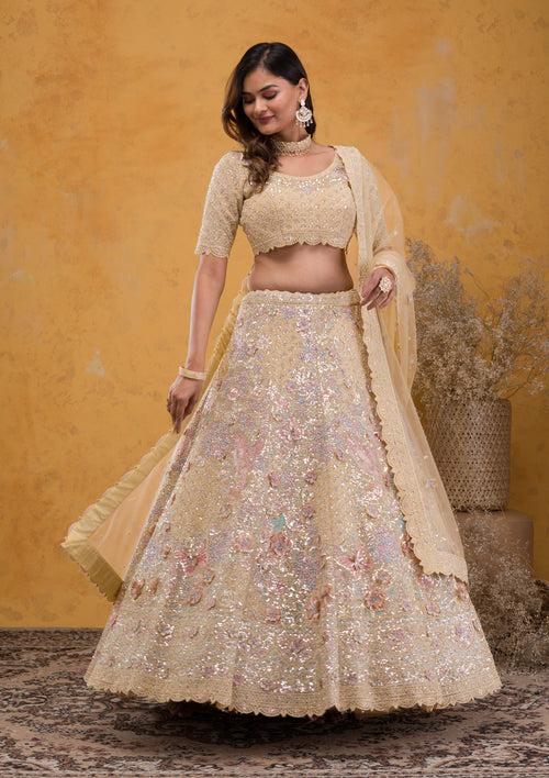 Yellow Threadwork Net Semi Stitched Lehenga