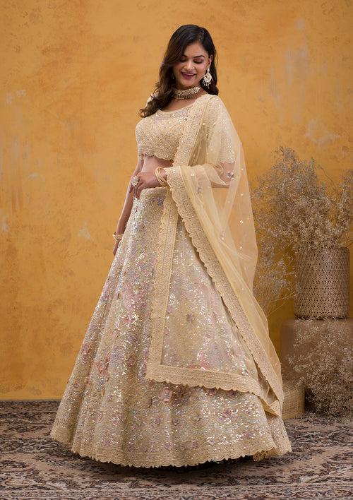 Yellow Threadwork Net Semi Stitched Lehenga