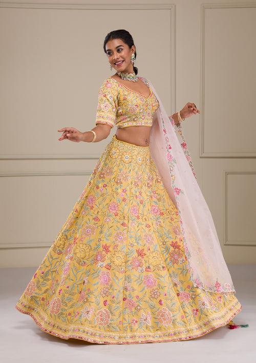 Yellow Threadwork Raw Silk Readymade Lehenga