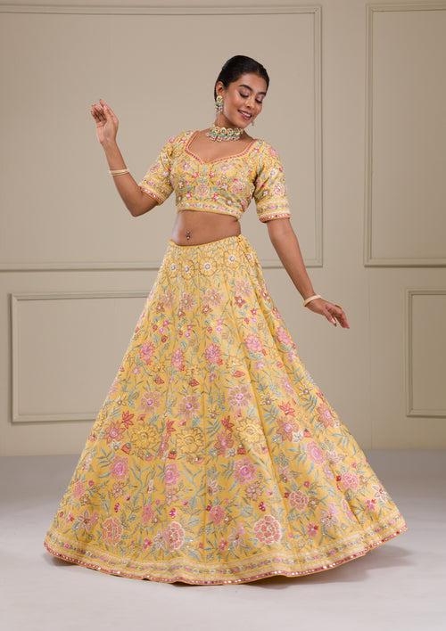 Yellow Threadwork Raw Silk Readymade Lehenga