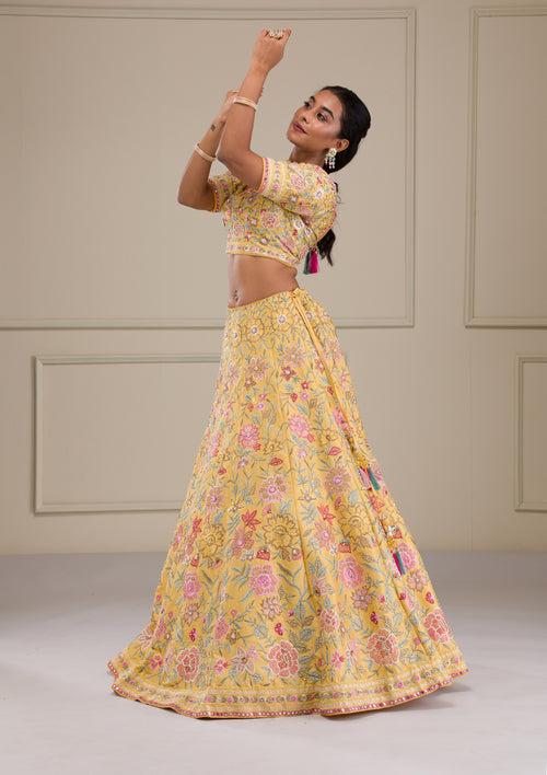 Yellow Threadwork Raw Silk Readymade Lehenga