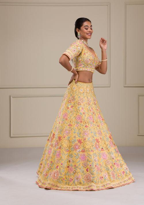 Yellow Threadwork Raw Silk Readymade Lehenga