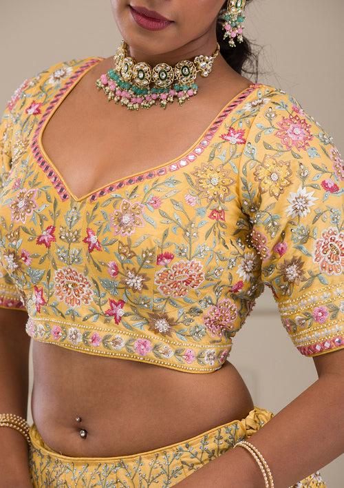 Yellow Threadwork Raw Silk Readymade Lehenga