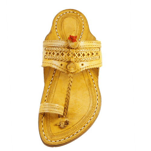 Single wadi Yellow Pure Leather Kapashi Kolhapuri Chappal For Men | Vhaan